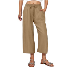 Calça Capri feminina casual com cintura elástica, perna reta, cor sólida, com bolsos, linho pré-encolhido, respirável e confortável. Tamanhos P