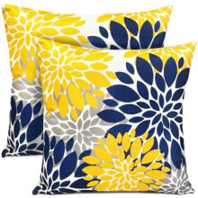 Conjunto de 2 capas de almofada decorativas em linho, azul e amarelo, 56x56 cm (22x22 polegadas), estilo rústico floral, compatíveis com almofadas