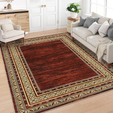Modern Washable 5x7 Area Rug, Soft Geometric Non-Slip Carpet for Living Room, Bedroom, Nursery – Bordered Red Accent Rug