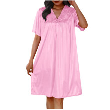 Plus Size Hálóingek Női Kiárusítás, Egyszínű V-nyakú, Rövid Ujjú Pizsama Ruha Otthoni Viseletre Hosszú Pizsama Ruha Pink3XL