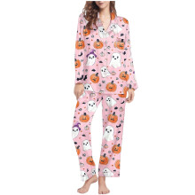 Dames Halloween pyjamaset met schattige spookjesprint, lange mouwen, kraag, comfortabele loungewear, verkrijgbaar in maat S-2XL, diverse kleuren