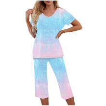 Dame afslappet løstsiddende nattøjssæt - V-hals print top med korte ærmer + elastisk talje capribukser med sidelommer | S-2XL | Pyjamassæt