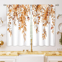 Orange Eucalyptus Botanical Curtains 26x36", Farmhouse Floral Tier Drapes for Kitchen, Bathroom & Cafe Windows