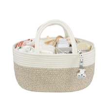 Large Baby Diaper Caddy Organizer – Portable Rope Basket for Changing Table, Car, Travel; White & Brown; Compatible with Nursery Storage