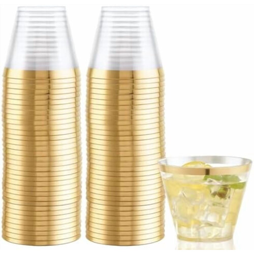 Copos de plástico transparente de 9 oz com borda dourada (100 unidades)