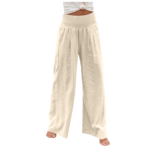 QLEICOM Damen Palazzo-Hose aus Baumwoll-Leinen-Mischgewebe mit hohem Bund, weitem Bein und Taschen, Khaki, Größe M (US 6), Sommer-Loungewear-Hose