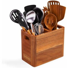 Soporte para utensilios de madera de acacia de 2 compartimentos para encimera/pared de cocina – Compatible con decoración rústica, organizador de