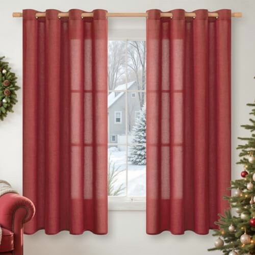 Röda linnegardiner 132 x 170 cm, ljusfiltrerande, 2-pack