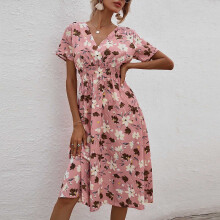 Robes de printemps pour femmes, style bohème décontracté, manches courtes, col en V, imprimé floral, style vacances, robe de plage