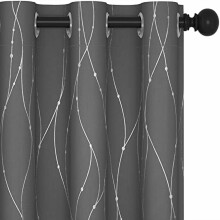 Short Blackout Kitchen Curtains 42x45", Thermal Insulated, Grommet, Silver Wave Dots Foil Print, Light Grey, Set of 2