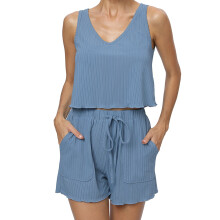Dame Tanktopps Pysjamassett, Ribbet V-hals, Crop Top og Snorshorts, Pysjamassett, Nattøy, Sommer, Ermeløs, 2-delt Lounge-sett, XS-XL