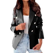 Chaqueta de piel sintética para mujer, estilo formal, color liso, manga larga, cárdigan, abrigo, blazer, negro.