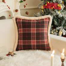 Housse de coussin lombaire à carreaux de Noël 45 x 45 cm avec bordure en peluche