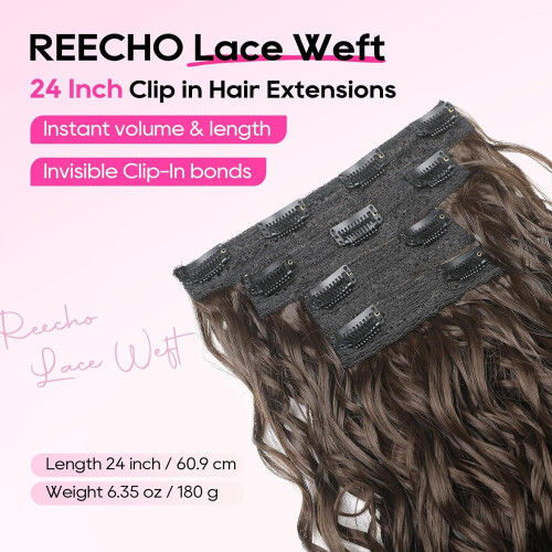 JINYUN Curly Extensions μαλλιών με κλιπ, 4 τεμάχια 24", δαντελένιο υφάδι, κοντό σγουρό, καφέ