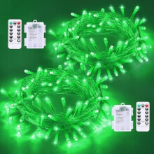 2-Pack Green 33ft 100-LED Battery Christmas Lights, Waterproof Outdoor/Indoor, 8 Modes + Remote, Clear Wire — Compatible with AA Batteries