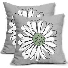 Kissenbezüge mit Gänseblümchenmuster in Salbeigrün und Weiß, 45 x 45 cm, 2er-Set, quadratische Leinenkissenbezüge für Sofa, Bett, Garten –