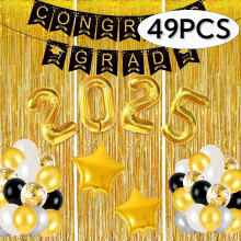 Articole pentru petrecerea de absolvire – Promoția 2025 Baloane negre și aurii, perdea din folie, banner cu franjuri – Compatibile cu decorul