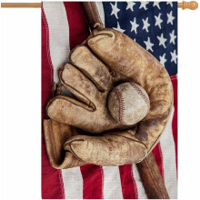 Baseball-Hausflaggen 28x40 Doppelseitig aus Jute, Schläger und Handschuh auf amerikanischer Flagge, Frühlings- und Sommerflagge im Landhausstil,