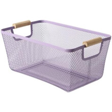 Metal Mesh Steel Basket with Wood Handle – Purple Rectangular Hanging Organizer for Kitchen, Bathroom, Picnic; Compatible with Standard Hooks