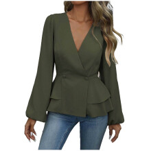 Women's Workwear Chic Blazer - Slim Fit V-Neck Long Sleeve - Professional Tailored Jacket with Peplum Hem