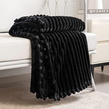 Soft Fleece Throw Blanket 51x63", Black, Plush & Cozy with Pompom Fringe – Compatible with Couch, Bed, Sofa