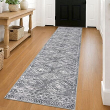 Tapis d'entrée antidérapant et lavable 90 x 150 cm, motif géométrique bleu et blanc