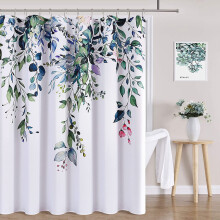 Cortina de chuveiro de linho com estampa de folhas, 183 x 213 cm (72 x 84 polegadas).