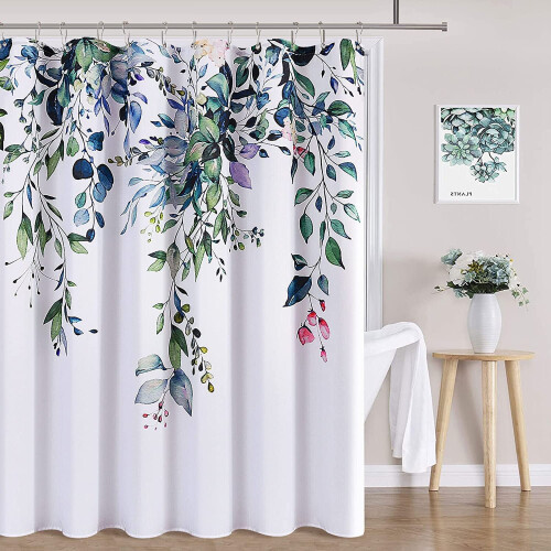 Cortina de chuveiro de linho com estampa de folhas, 183 x 213 cm (72 x 84 polegadas).