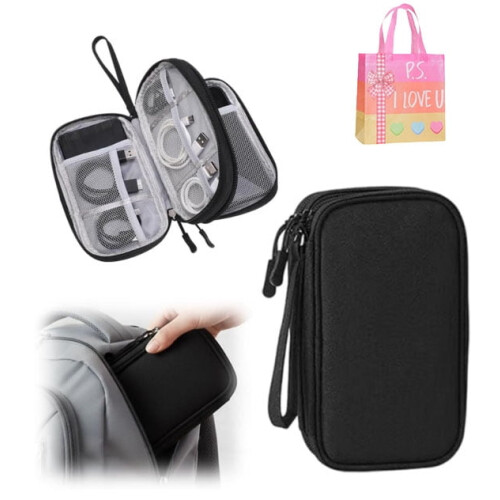 Pochette de rangement pour câbles de voyage noire à double couche
