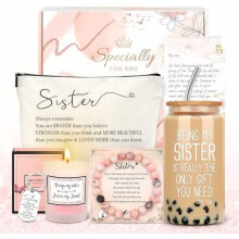 Geschenkset für Schwestern: Glasbecher, Kosmetiktasche, Kerze, Armband