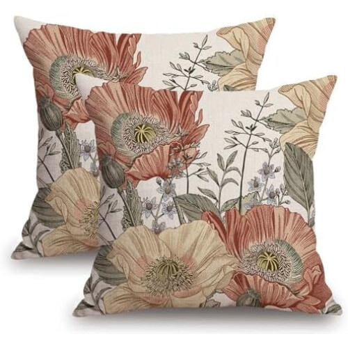 Conjunto de 2 capas de almofada vintage florais em linho, 40x40cm (16x16 polegadas).