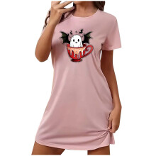 Abito da notte da donna taglie forti con stampa a cartoni animati, maniche corte, scollo rotondo, morbido poliestere ed elastan, per notti di