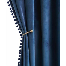 Navy Blue Pom Pom Velvet Blackout Curtains, 63" Long, Thermal Insulating, Rod Pocket, for Bedroom/Living Room/Girls Room/Nursery/Home Theater – Set