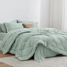 Set de pilotă Queen cu 7 piese, culoarea turcoaz, lenjerie de pat pentru toate anotimpurile (1 pilotă, 1 cearșaf plat, 1 cearșaf cu elastic, 2