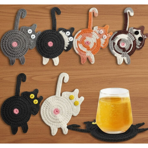 Gestrickte Getränkeuntersetzer mit Katzenmotiv (6er-Pack)