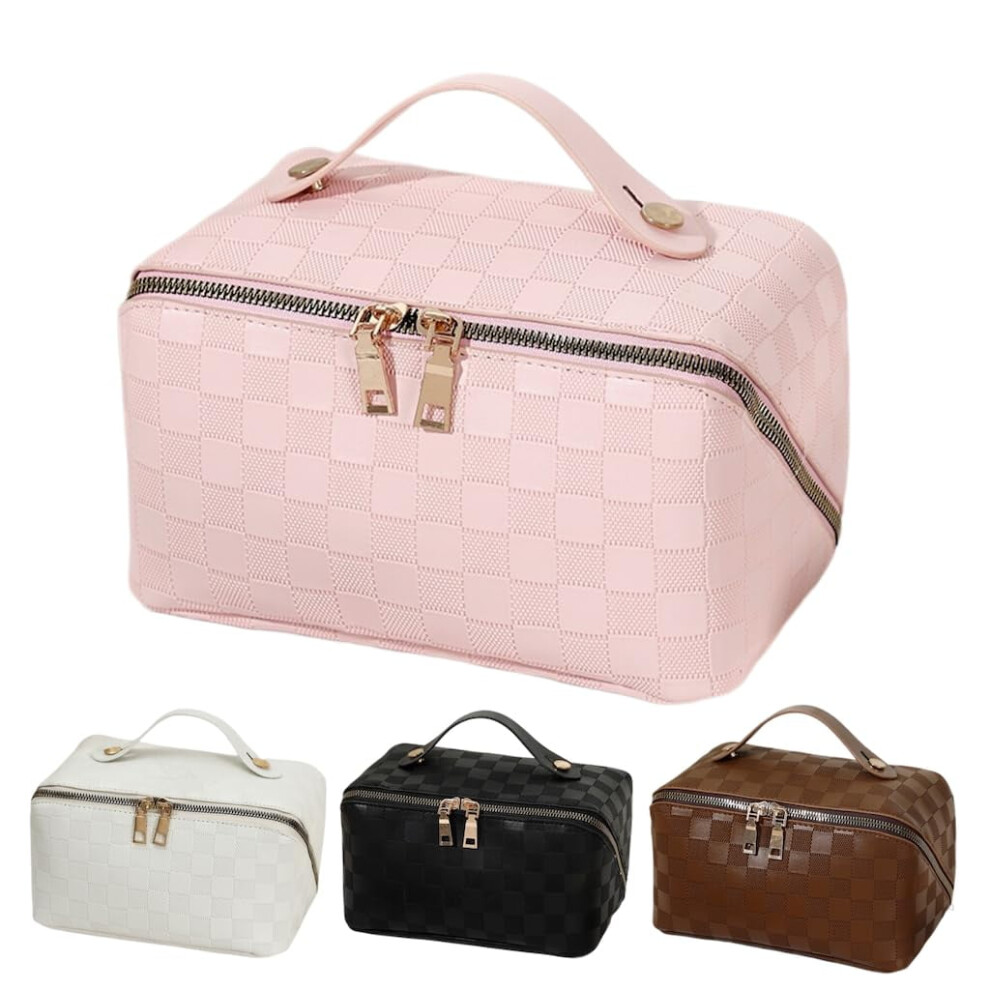 Large Capacity Checkered Makeup Bag, Open-Flat Travel Toiletry Bag with Dividers & Zipper â Compatible with All Standard Cosmetics