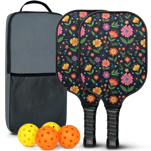 Pickleball-padlesett i blomsterfiber, 2 padler + 2