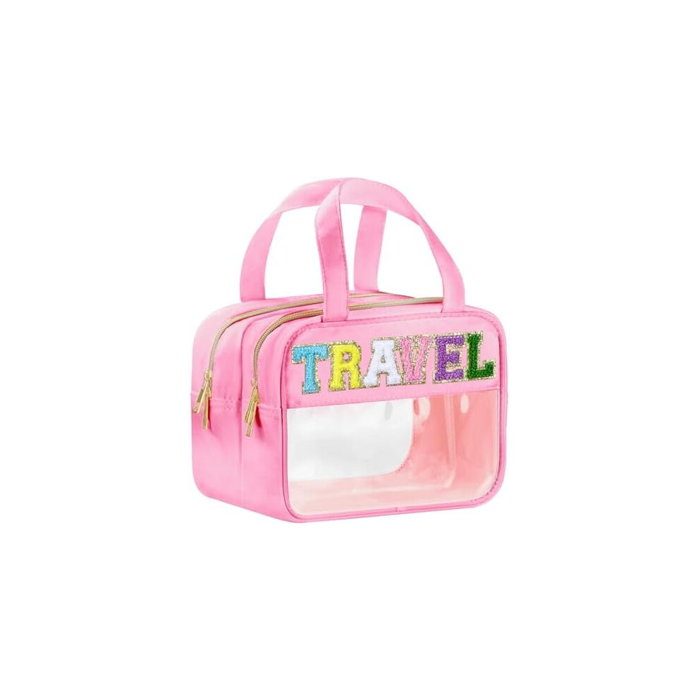 Chenille Letter Clear Travel Bag, Waterproof Nylon Cosmetic Bag with Handles & Zipper, Compatible with Makeup & Toiletries, Pink