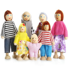 7 Pcs Kids Wooden Toys Set Happy Dollhouse Family Dolls Figures Dressed Characters Girls Pretend Play Toys