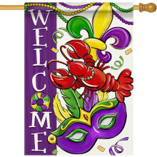 Bandiera da esterno per il Mardi Gras – Maschera di gambero e giglio, perline viola/verdi/gialle, bifacciale 28x40”, decorazione per giardino