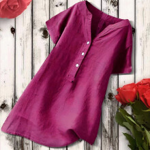 Women's V-Neck Short Sleeve Loose Button Cotton and Linen Tunic Shirts Summer Shirts Blouse