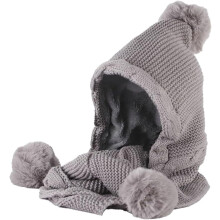Kapuzenmütze und Schal, 2-in-1-Set für Damen, warme Wintermütze mit Kunstfellbommel, flauschige Strickmütze und Schal