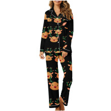 Dame 2-delt julepyjamassæt, langærmet top med knapper + bukser med elastisk talje, S-2XL, vinternattøj