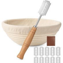 9" Round Banneton Proofing Basket + Lame Set – Natural Rattan, Liner, 10 Blades, Leather Cover – Sourdough Baking Kit Gift