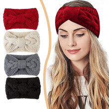 4er-Pack Winter-Strickstirnbänder, flauschig gefüttert und elastisch, Zopfmuster- und gehäkelte Turbane mit Knoten für Mädchen und Frauen –