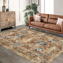 Tapis 150x210 cm pour salon, lavable, antidérapant, style bohème vintage, à poils courts, imprimé médaillon vieilli, orange, idéal pour la