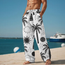 Mens Casual Pants Men's Sun Coconut Tree Printed Straight Leg Pants Summer Beach Pants with Pockets White