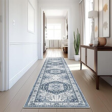 Tapis de couloir lavable 60 x 300 cm – Bleu marine/blanc, antidérapant, style ferme vintage, pour cuisine, entrée, salle de bain, salon et