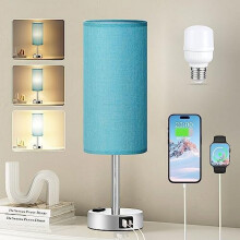 Lampada da comodino turchese – Dimmerabile a 3 livelli con controllo touch, USB-A/C + presa di corrente, base in metallo, lampadina LED inclusa