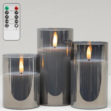 Graue, batteriebetriebene LED-Kerzen (flackernd, flammenlos) mit Timer und Fernbedienung, 3er-Set aus Glas – Dekoration für Zuhause, Couchtisch